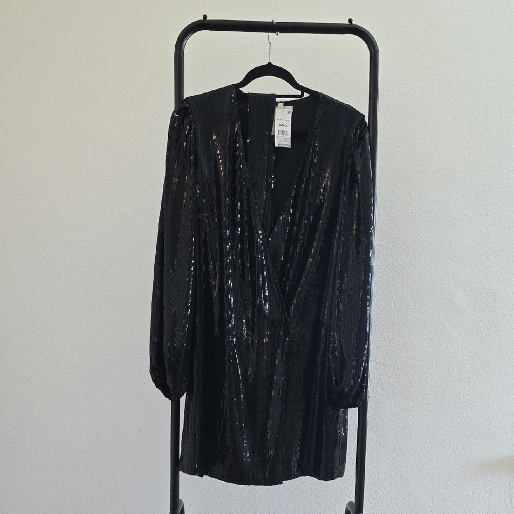 Wayf Black Sequin V-Neck Mini Dress